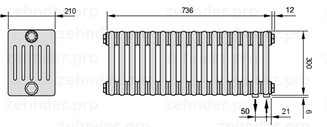 Схема (чертеж) Радиатор Zehnder Charleston 6030/16 №5510 Белый глянцевый RAL 9016